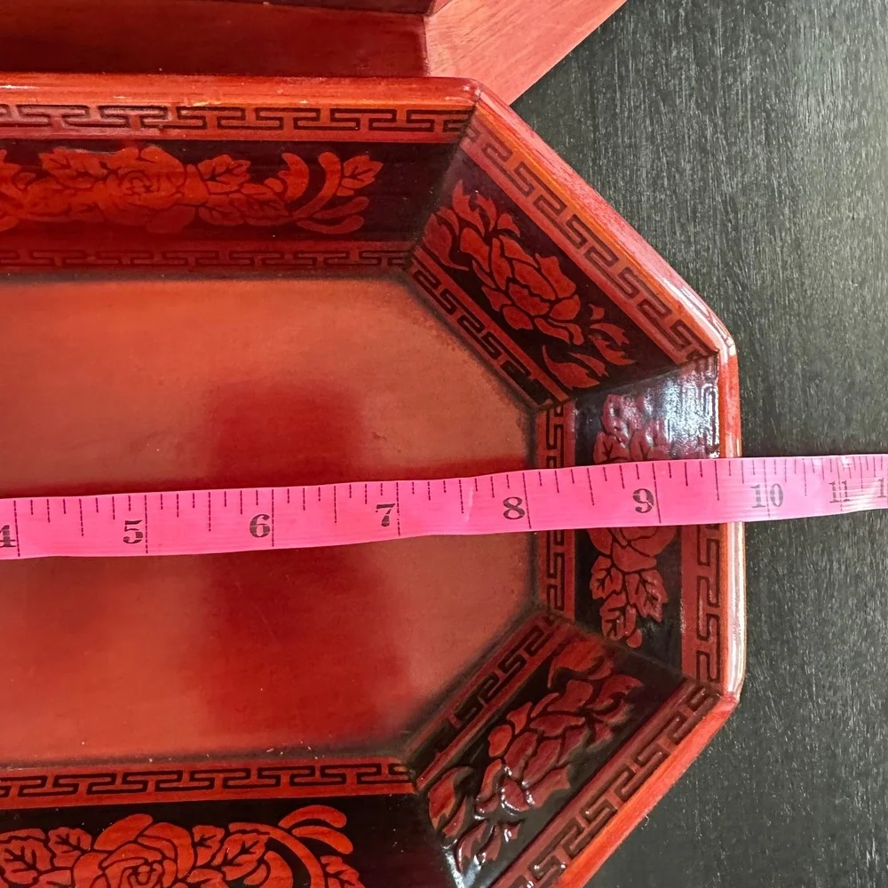 VTG Korean Red Lacquer Nesting Trays 6pc Set Octagon Carved Floral Asian Decor